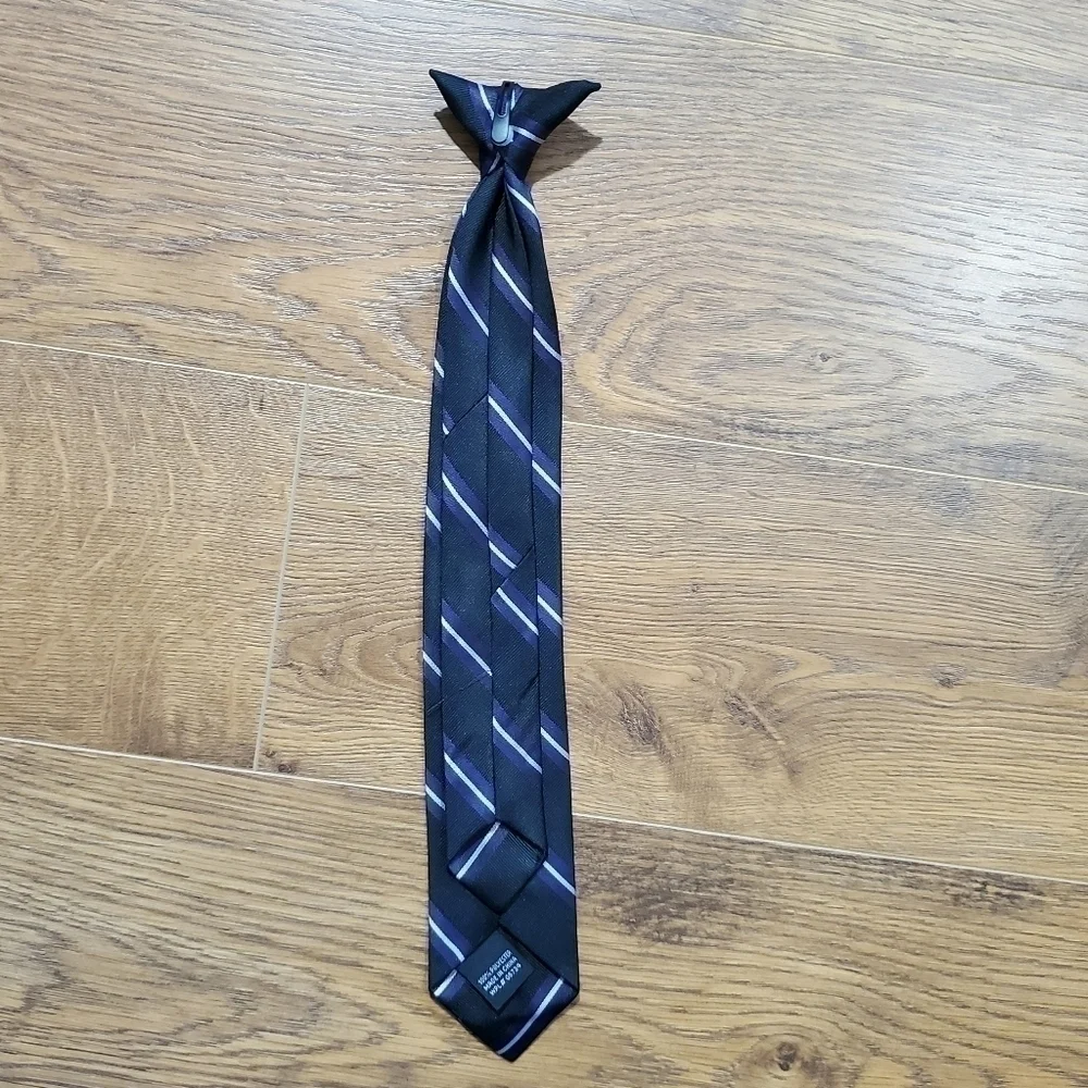 CLIP On Striped Necktie Tie Black Purple Silver Striped Young Boys